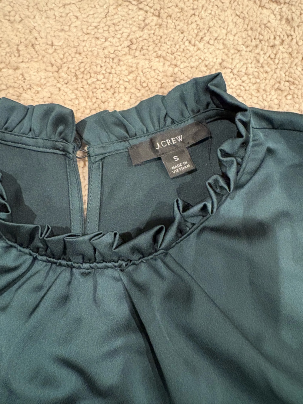 J. Crew Emerald Green Satin Ruffle Neck Blouse - Picture 4 of 5